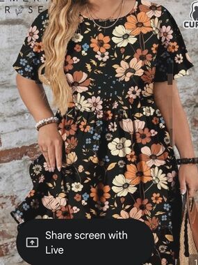 SHEIN Black Floral Midi Dress with Orange, Cream & Blue Flowers